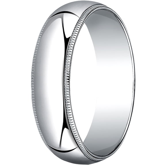 Mens 14K White Gold, 6.0mm Traditional Dome Oval Wedding Band with Milgrain (sz 13.5)