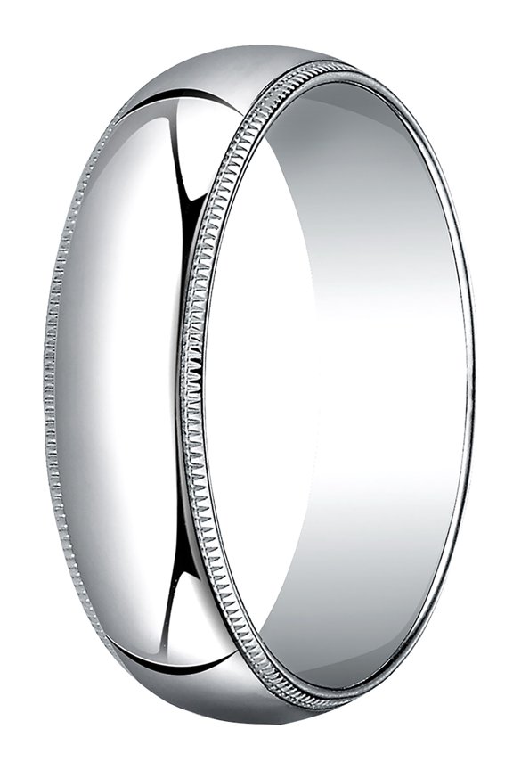 Mens 14K White Gold, 6.0mm Traditional Dome Oval Wedding Band with Milgrain (sz 6)