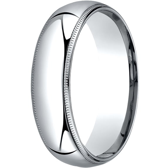 Mens 14K White Gold, 6mm Slightly Domed Comfort-Fit Wedding Band with Milgrain (sz 9)