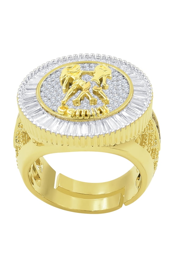 Mens 14K Yellow Gold Finish Baguette Princess Cut Simulated Diamond Zodiac Sign  Gemini Twins Astrology Ring Band