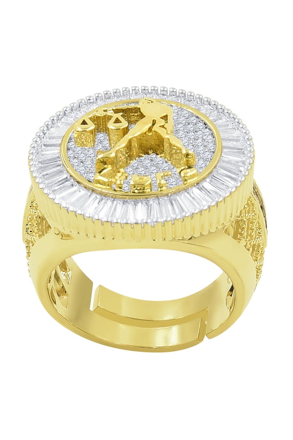 Mens 14K Yellow Gold Finish Baguette Princess Cut Simulated Diamond Zodiac Sign Libra Scales Astrology Ring Band