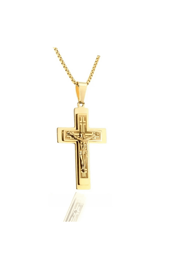 Mens 14K Yellow Gold Orthodox Crucifix Cross Jesus Christ Pendant Necklace Chain Religious Jewelry Confirmation Gifts