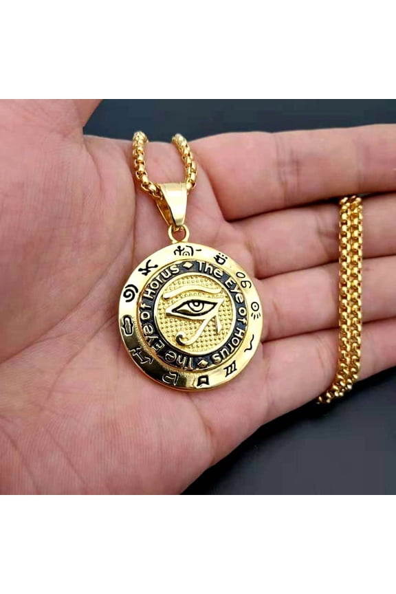 Mens 14K Yellow Gold Pendant Necklace Eygptian Eye of Horus Male Suspention Chain