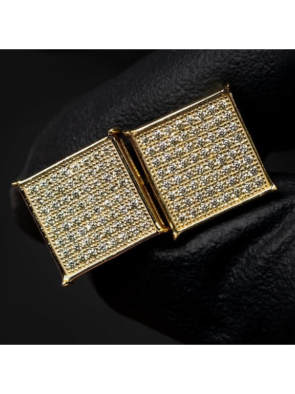 Large 14K Yellow Gold Plated 925 Sterling Silver Screw Post Mens Canary Yellow 5A Cz Big Square Flat Screen Iced Hip Hop Micro Pave Stud Earrings