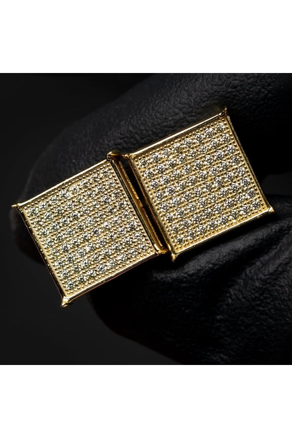 Large 14K Yellow Gold Plated 925 Sterling Silver Screw Post Mens Canary Yellow 5A Cz Big Square Flat Screen Iced Hip Hop Micro Pave Stud Earrings