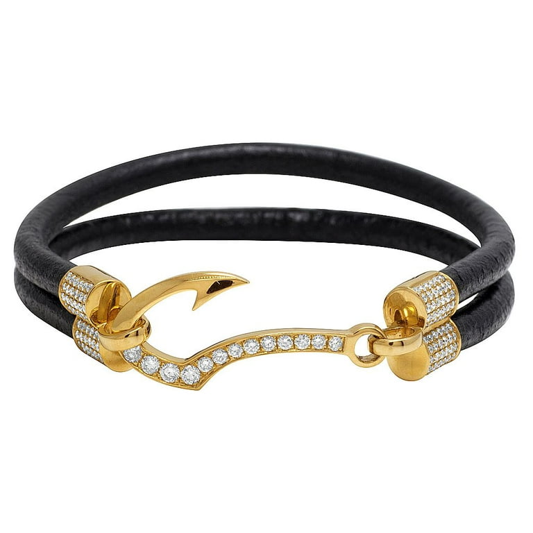 Mens 14K Yellow Gold Real Diamond Fish Hook Angkor Black Leather Bracelet 1  1/2CT 