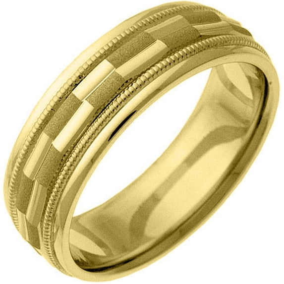Mens 14KT Yellow Gold 6mm Satin Milgrain Comfort Fit Wedding Band