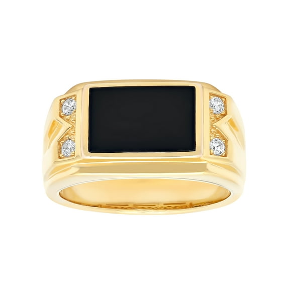 Mens 14k Gold Plated Sterling Silver Ring w/ Black Onyx & Cubic Zirconia