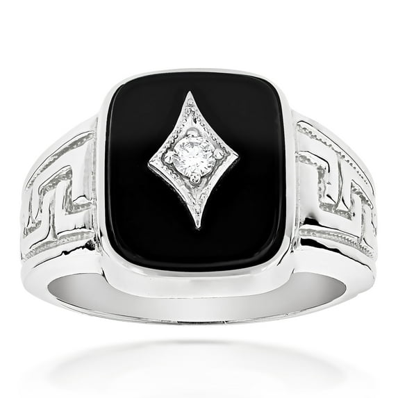 Mens 14k Natural Black Onyx and 0.1 Ctw Diamond Ring For Him (White Gold Size 8.5)