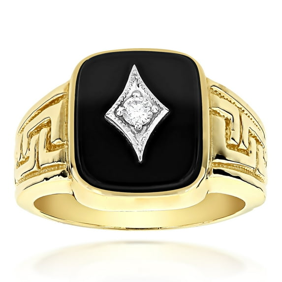 Mens 14k Natural Black Onyx and 0.1 Ctw Diamond Ring For Him (Yellow Gold Size 8.5)