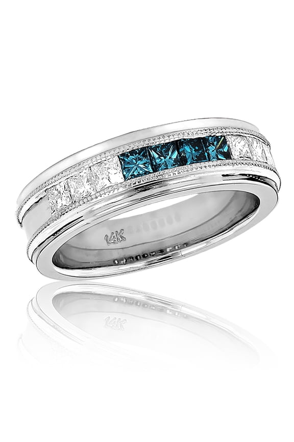 Mens 14k White Blue Princess Natural 1.1 Ctw Diamond Wedding Band (White Gold Size 11)