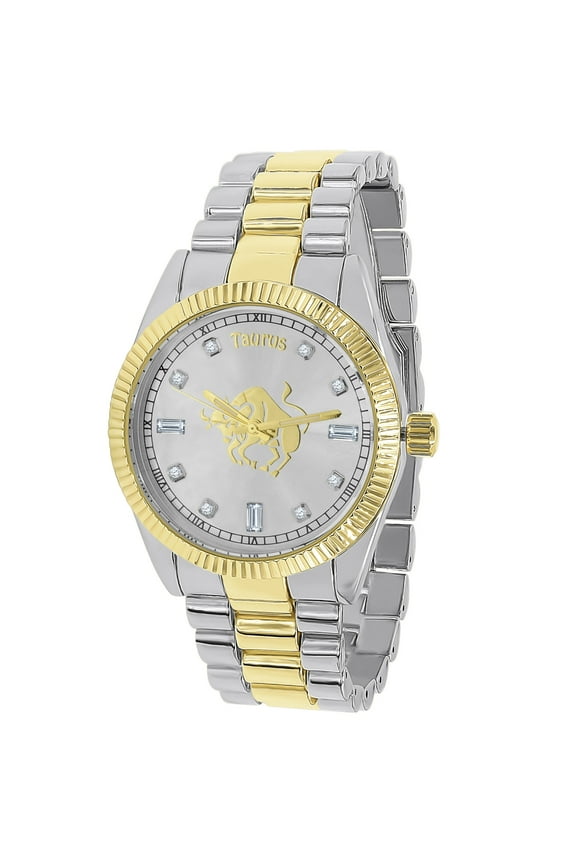 Mens 18K 2 Tone Gold Finish Taurus Bull Zodiac Sign Astrology Metal Band Custom Watch