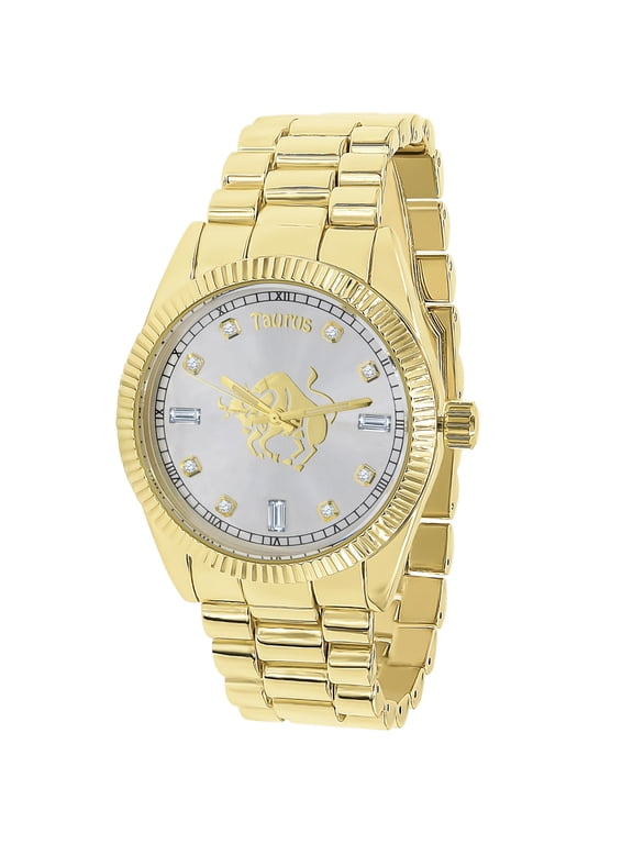 Mens 18K Gold Finish Taurus Bull Zodiac Sign Astrology Metal Band Custom Watch