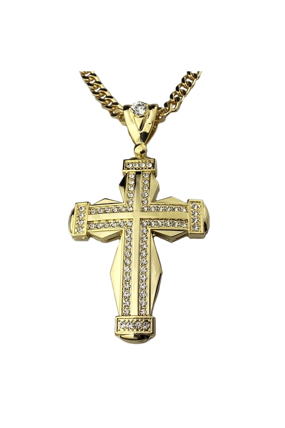 Mens 18K Gold Plated Huge Big Iced Double Cross Pendant Cuban Link Necklace Hip Hop Chain 30" inch