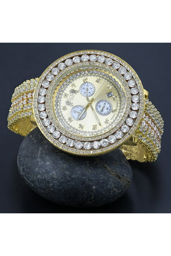 Mens 18K Yellow Gold Finish Custom Luxury Jo Rodeo Watch Simulated Diamond Adjustable Size Band