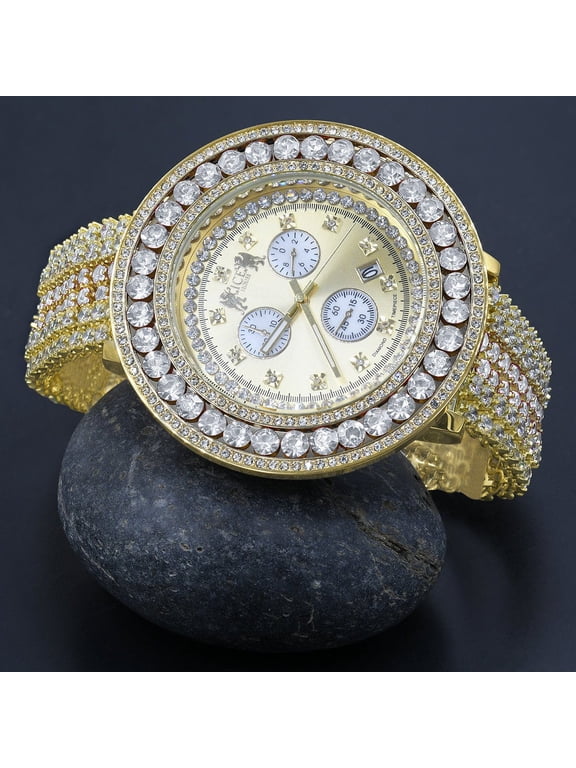 Mens 18K Yellow Gold Finish Custom Luxury Jo Rodeo Watch Simulated Diamond Adjustable Size Band