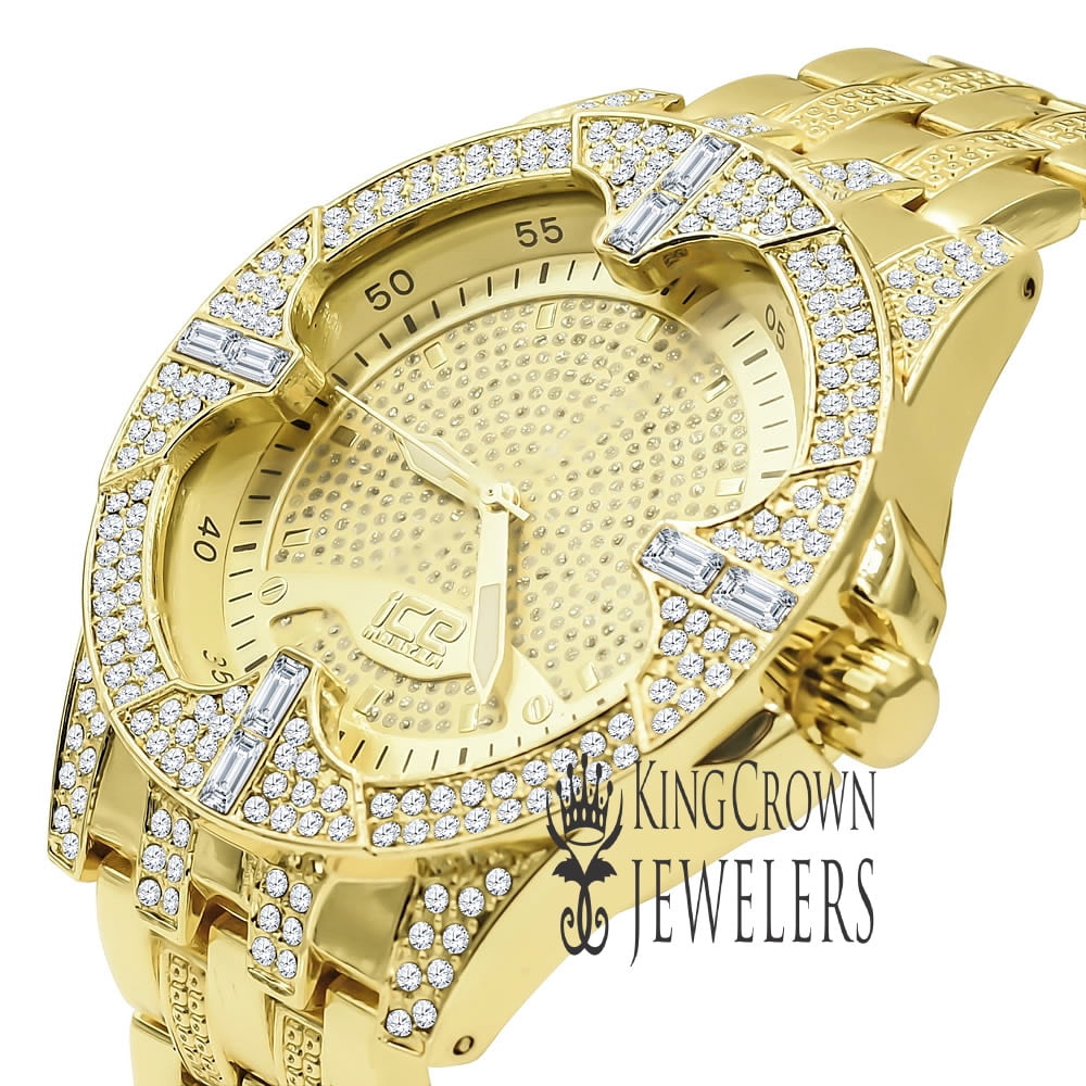 ICE MASTER Mens 18K Yellow Gold Finish Joe Rodeo Simulated Diamonds Metal Band Ice Out Watch 46mm