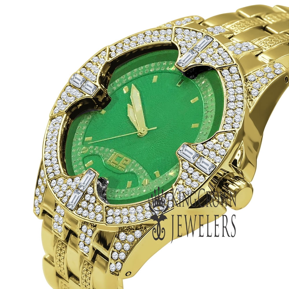 ICE MASTER Mens 18K Yellow Gold Tone Green Emerald Dial Joe Rodeo Simulated Diamonds Watch 46mm