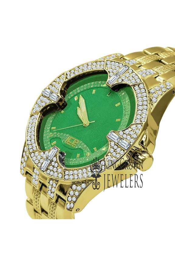 Mens 18K Yellow Gold Tone Green Emerald Dial Joe Rodeo Simulated Diamonds Watch 46mm