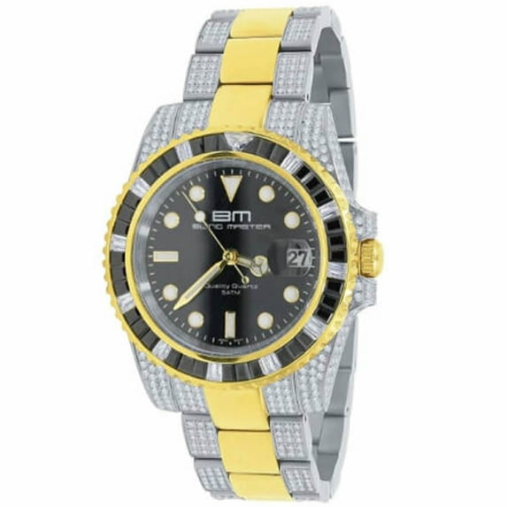 Mens 18k 2 Tone Gold Solid Stainless Steel 40mm Simulated Diamond Watch W/Date