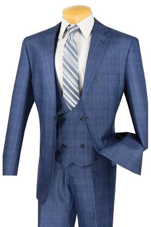 Mens 1930s Blue Glen Plaid 3 Piece Fashion Suit Vinci V2RW-7