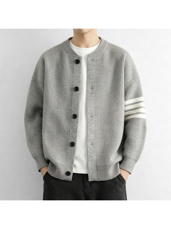 Mens 1950s Crew Neck Varsity Cardigan Sweater Grey XXL
