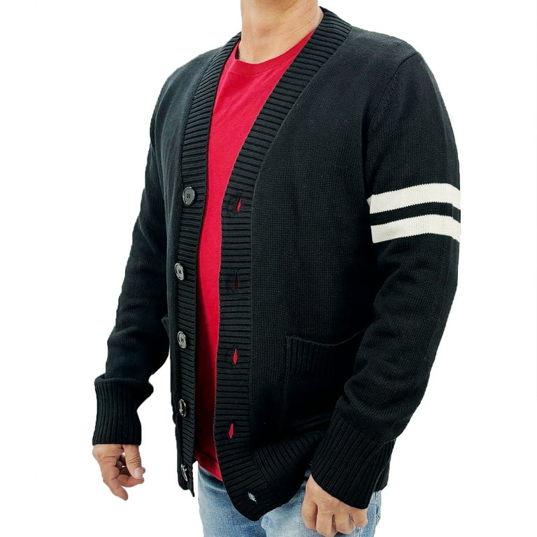 Mens 1950s Retro V Neck Button Down Long Sleeve Letterman Cardigan Sweater Small Black