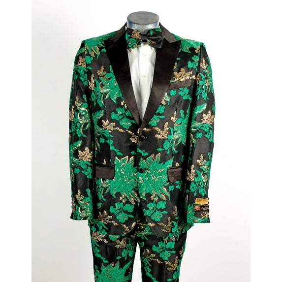 Mens 2 Button Hunter Green, Gold, & Black Floral Paisley Tuxedo By Alberto Nardoni