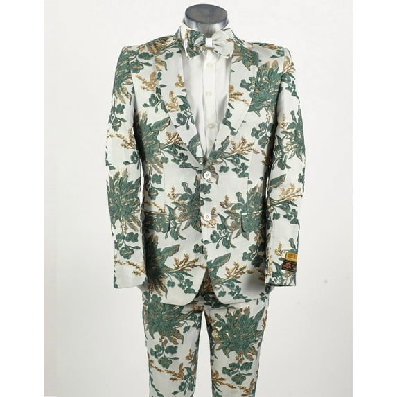 Mens 2 Button Hunter Green & White Floral Paisley Prom and Wedding Tuxedo By Alberto Nardoni Brand Designer