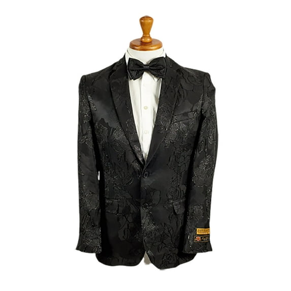 Mens 2 Button Shiny Black on Black Floral Paisley Prom & Wedding Blazer By Alberto Nardoni Brand Designer