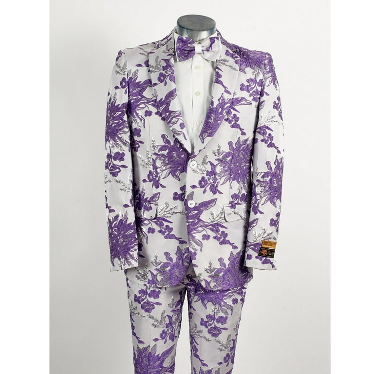 Mens 2 Button White Lavender Purple Floral Paisley Prom and