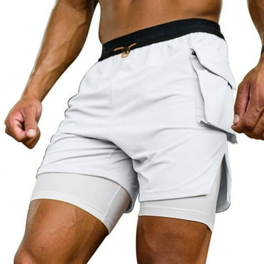ZQUUVOU Mens 2 In 1 Running Shorts Quick Dry Athletic Shorts With Liner Workout Shorts With Pockets White