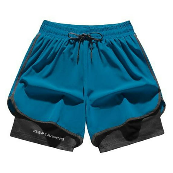 Mens 2 In 1 Running Shorts Quick Dry Gym Athletic Workout Shorts Sports Oversized Short Blue