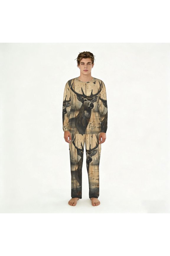 Mens 2 Pack Pajama Set Long Sleeve Pajamas Top and Pants Pjs Set Loungewear, Deer Vintage Camo Art Black