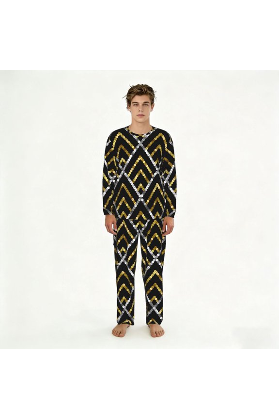 Mens 2 Pack Pajama Set Long Sleeve Pajamas Top and Pants Pjs Set Loungewear, Golden Sequin Glitter Geometric