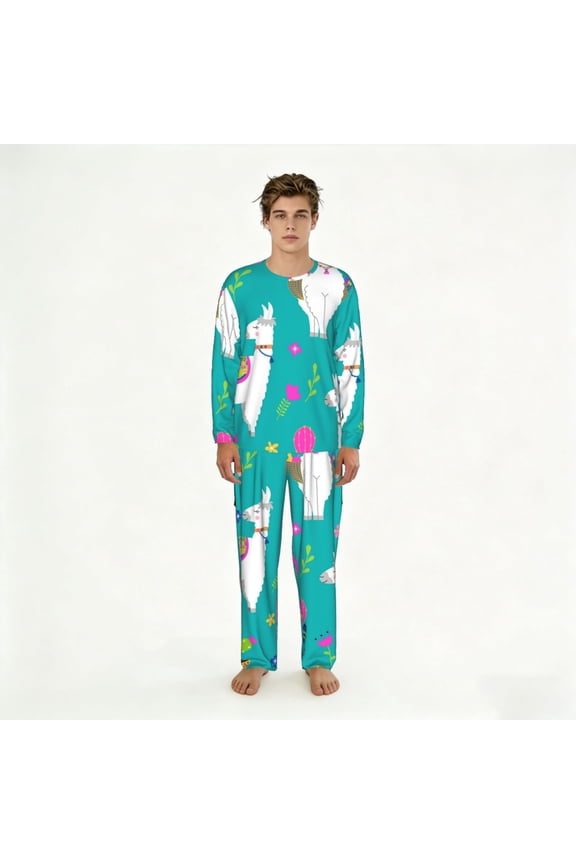 Mens 2 Pack Pajama Set Long Sleeve Pajamas Top and Pants Pjs Set Loungewear, Llama Alpaca Cactus Cartoon
