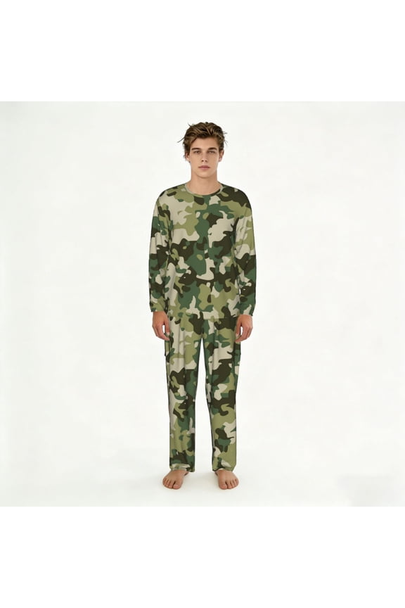 Mens 2 Pack Pajama Set Long Sleeve Pajamas Top and Pants Pjs Set Loungewear, Military Camouflage Green Camo