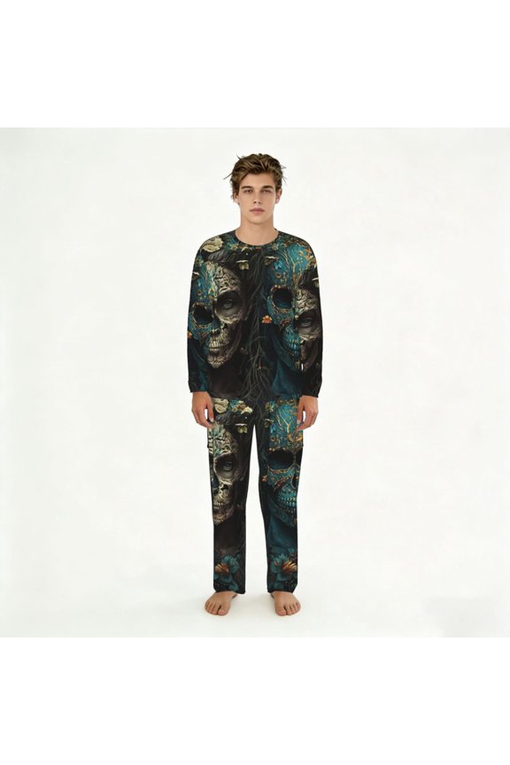 Mens 2 Pack Pajama Set Long Sleeve Pajamas Top and Pants Pjs Set Loungewear, Skulls Gothic Day Of The Dead Skull Lovers