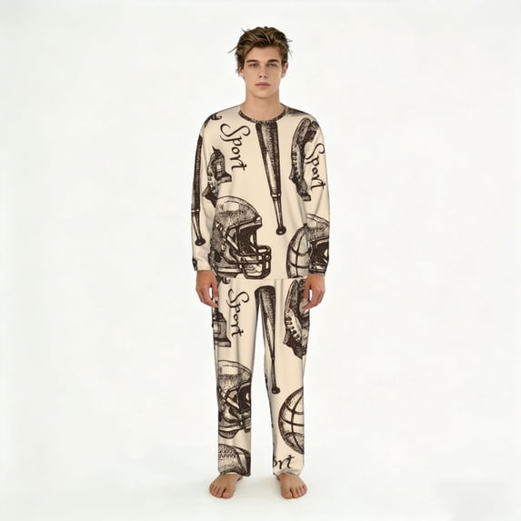 Mens 2 Pack Pajama Set Long Sleeve Pajamas Top and Pants Pjs Set Loungewear, Sport Baseball Football Basketball