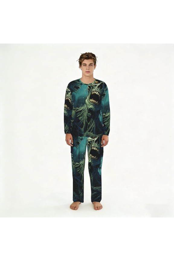 Mens 2 Pack Pajama Set Long Sleeve Pajamas Top and Pants Pjs Set Loungewear, Zombie Skull Art