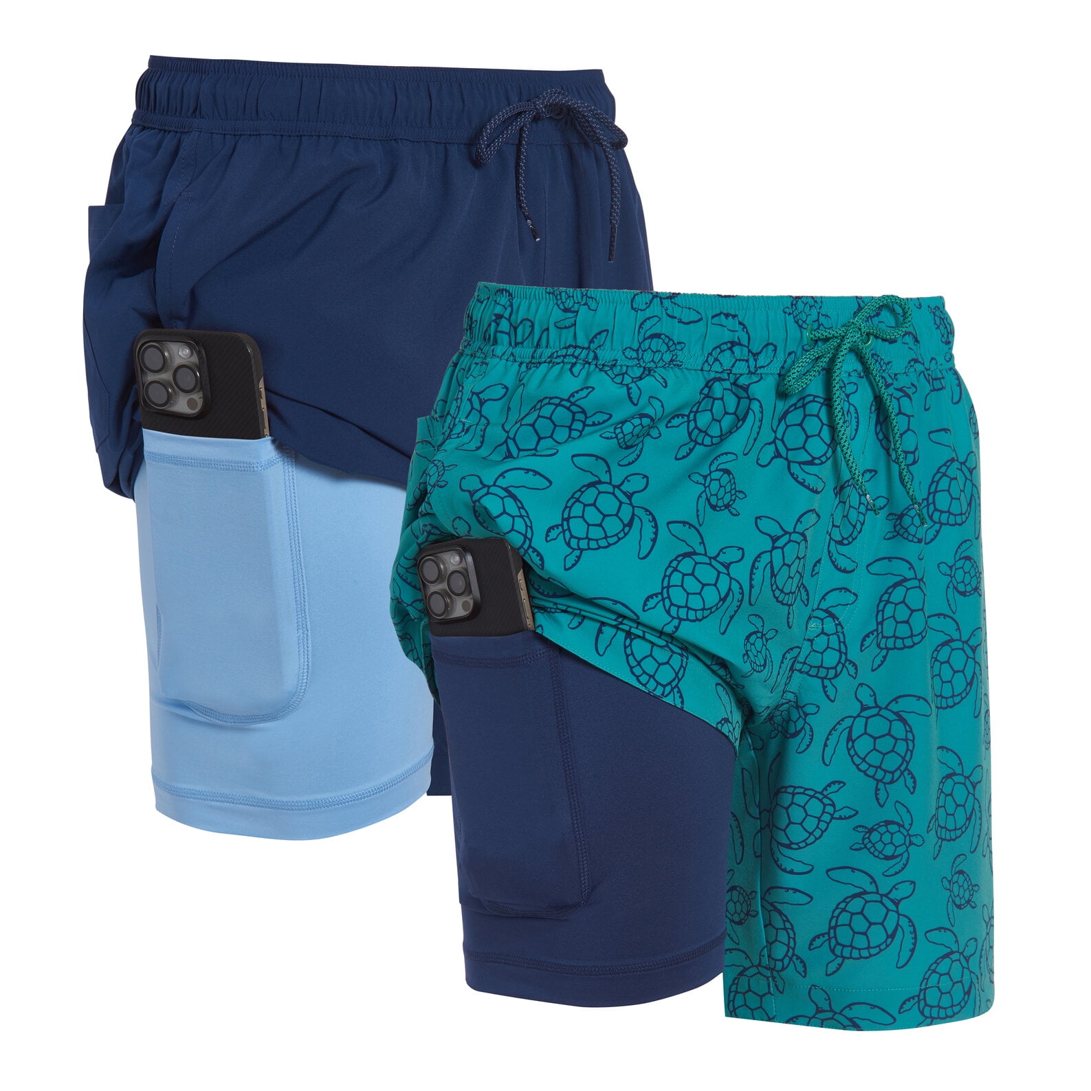 Mens 2 Pack Swim Trunks with Compression Liner Anti Chafing 7 inch inseam Stretch Quick Dry Swim Shorts with Phone Pocket