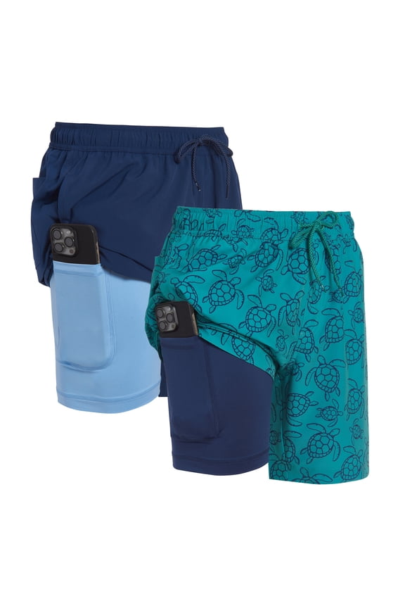 Mens 2 Pack Swim Trunks with Compression Liner Anti Chafing 7 inch inseam Stretch Quick Dry Swim Shorts with Phone Pocket