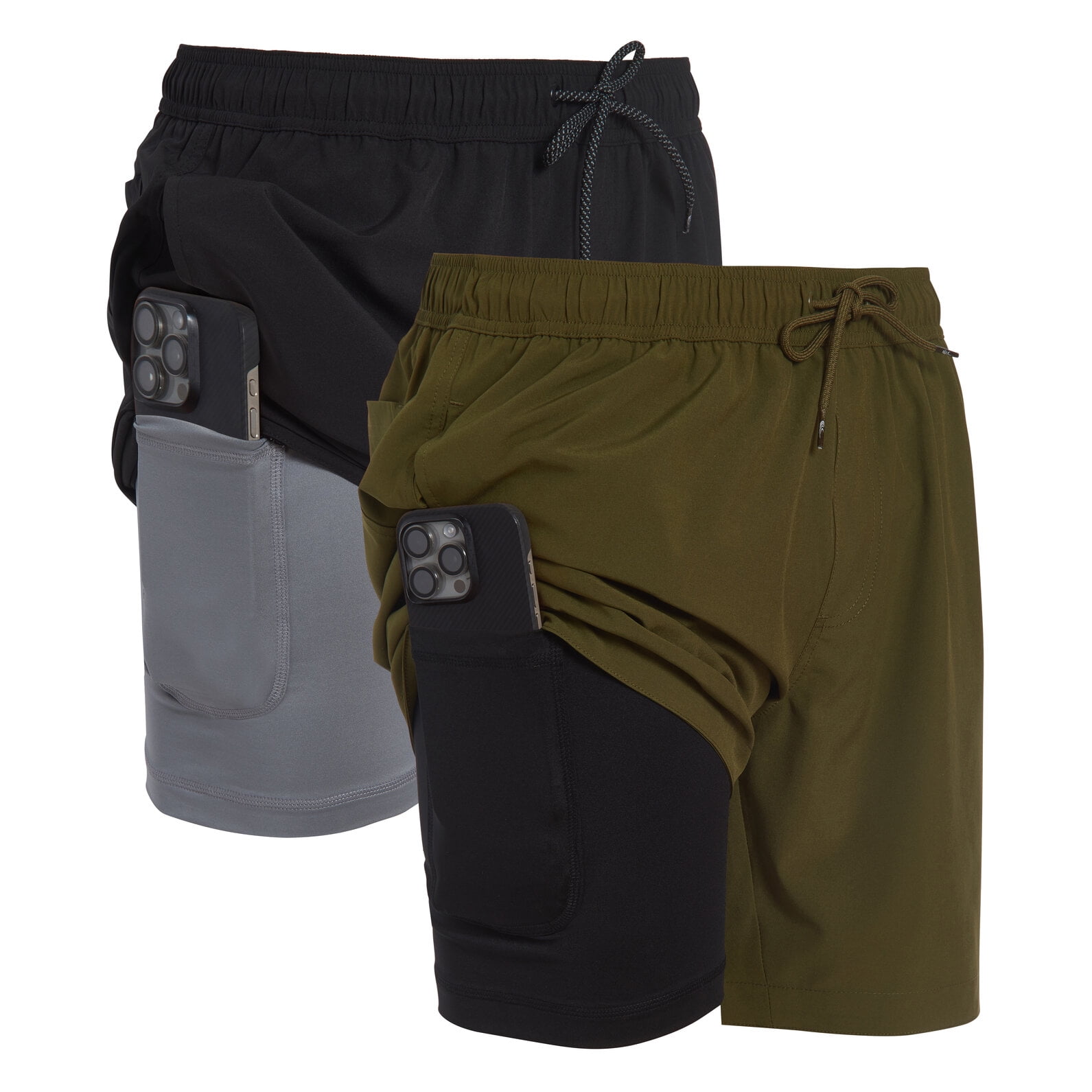 Mens 2 Pack Swim Trunks with Compression Liner Anti Chafing 7 inch inseam Stretch Quick Dry Swim Shorts with Phone Pocket
