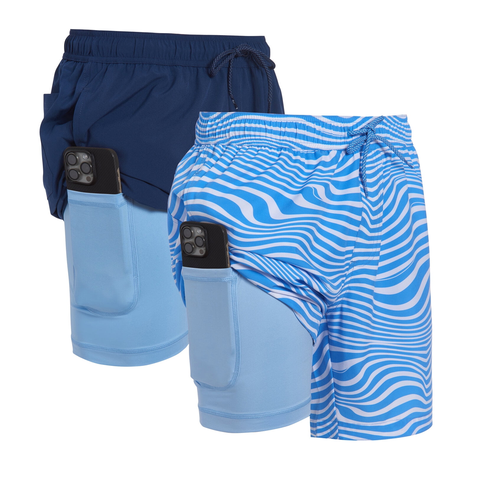 Mens 2 Pack Swim Trunks with Compression Liner Anti Chafing 7 inch inseam Stretch Quick Dry Swim Shorts with Phone Pocket