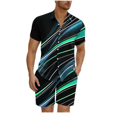 Mens 2 Piece Athletic Outfits Set Short Sleeve Button Up Tracksuits Sets Summer Casual Trendy Workout Holiday Beach Graphic Print Shirt and Shorts for Men