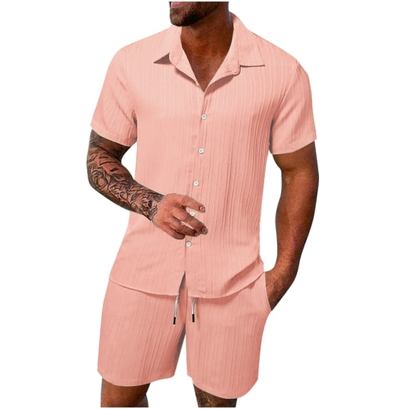 Mens 2 Piece Athletic Set Collared Button Down Shirt and Shorts Comfortable Loose Fit Casual Sportswear, M