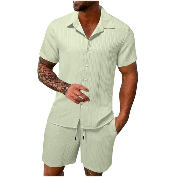 Mens 2 Piece Athletic Set Collared Button Down Shirt and Shorts Comfortable Loose Fit Casual Sportswear, S