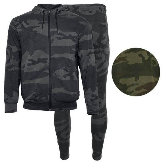 Mens 2-Piece Athletic Set Hoodie Zipper Sweater Jogging Pants Camo Green L