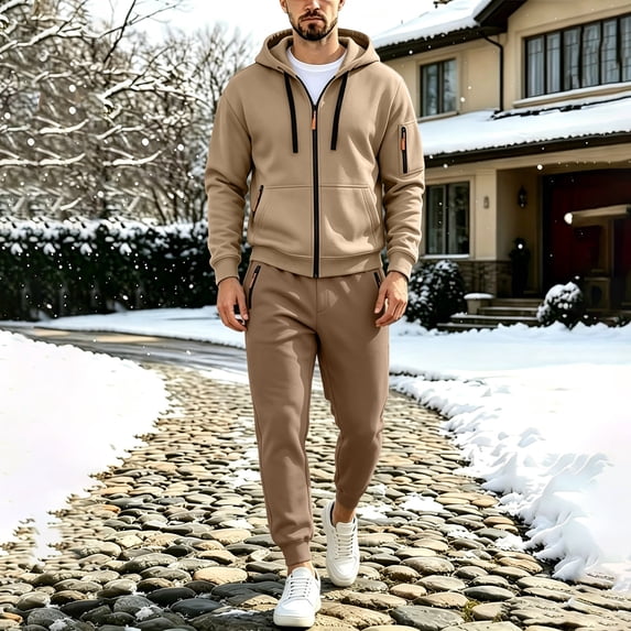 Mens 2 Piece Casual Tracksuits Full Zip Hoodies Sweatshirt Jogging Sweatpant Fashionable Running Sports Suits Khaki 5 L