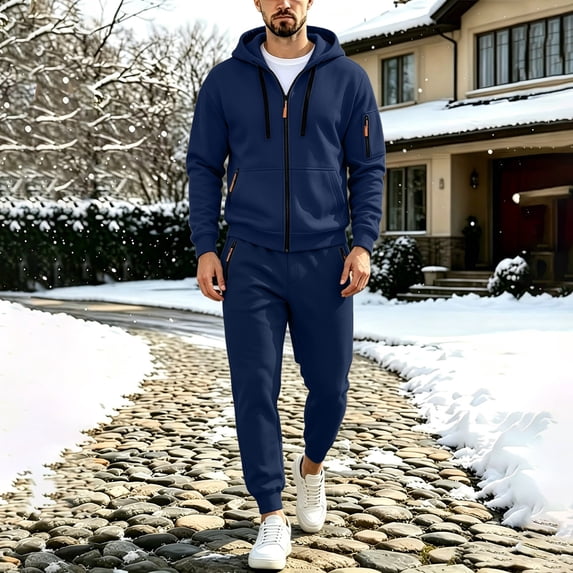 Mens 2 Piece Casual Tracksuits Full Zip Hoodies Sweatshirt Jogging Sweatpant Fashionable Running Sports Suits Navy 6 L
